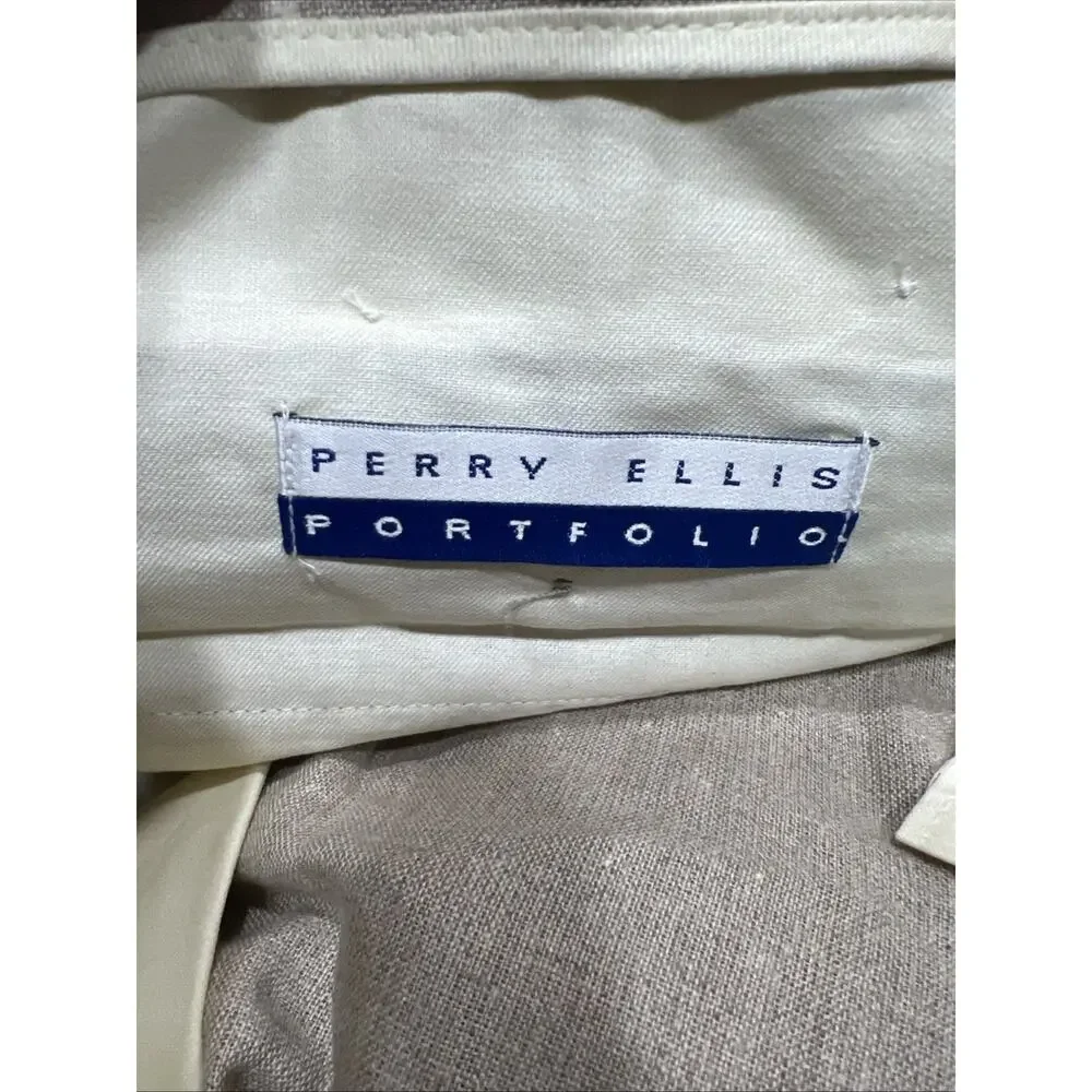 Perry Ellis Preppy Chinos Relaxed Pleated Linen Blend Pants Beige Mens Sz 36x30